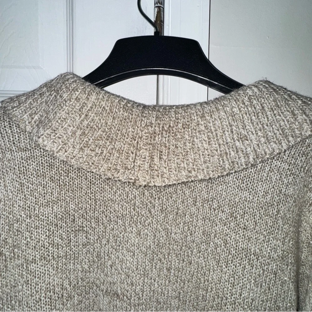 Covington Women's XL Open Front Ruffle Cardigan Oatmeal Beige Metallic Knit